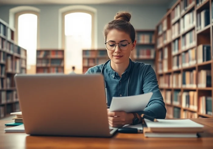 Studenterlebnis beim Medizinstudium ohne NC in einer Bibliothek mit Büchern und Laptop.