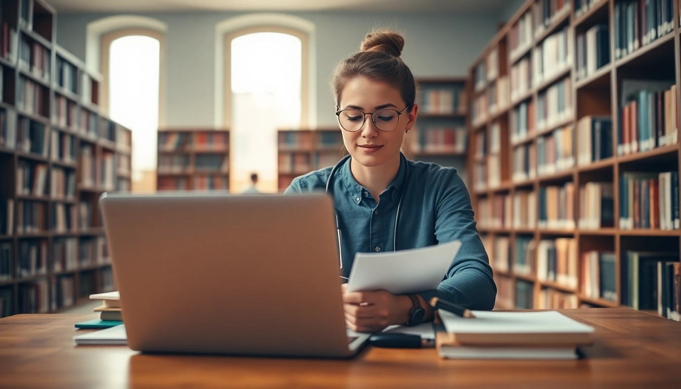 Studenterlebnis beim Medizinstudium ohne NC in einer Bibliothek mit Büchern und Laptop.