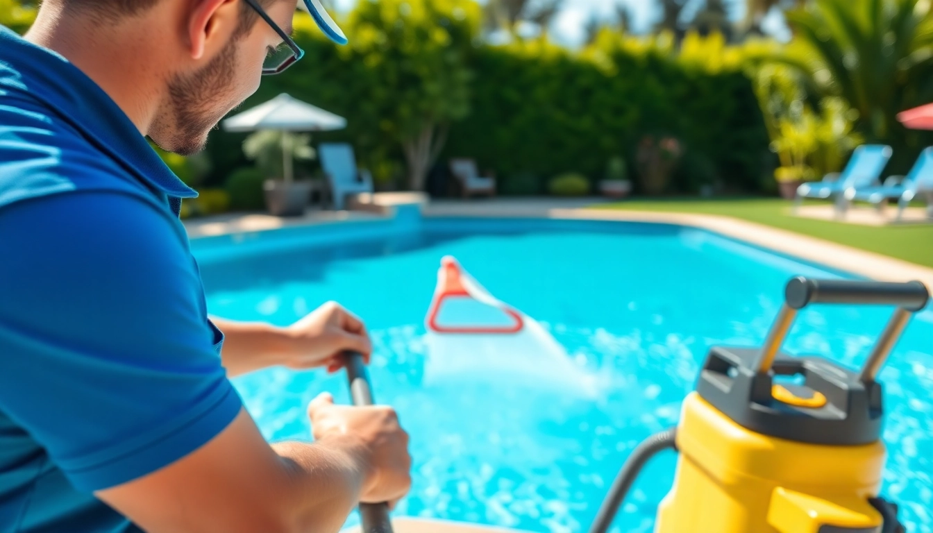 Technician providing a pool cleaning service near me, ensuring pristine water clarity and maintenance.