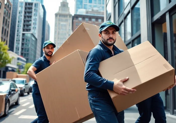 Movers nyc transporting furniture into a modern New York City apartment photo.