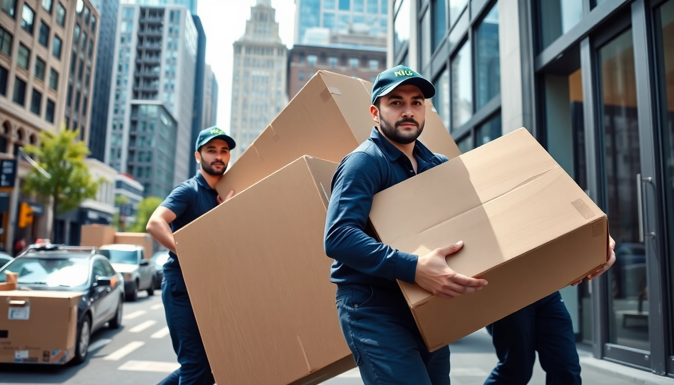 Movers nyc transporting furniture into a modern New York City apartment photo.