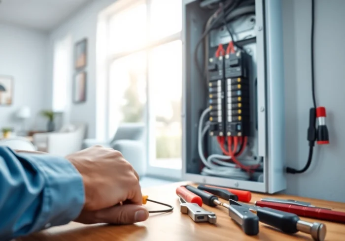 Technician repairing an Electrical Panel Clearwater in a bright, modern home setting.