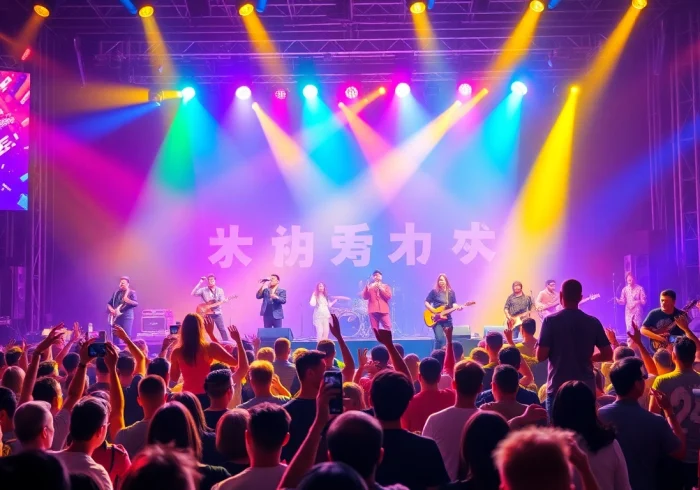 Live performance showcasing 汽水音乐海外 with energetic musicians enchanting a vibrant audience.