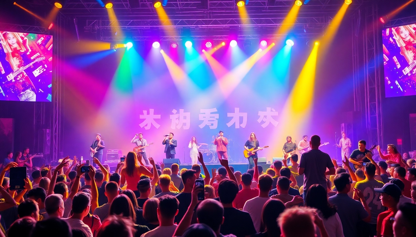 Live performance showcasing 汽水音乐海外 with energetic musicians enchanting a vibrant audience.
