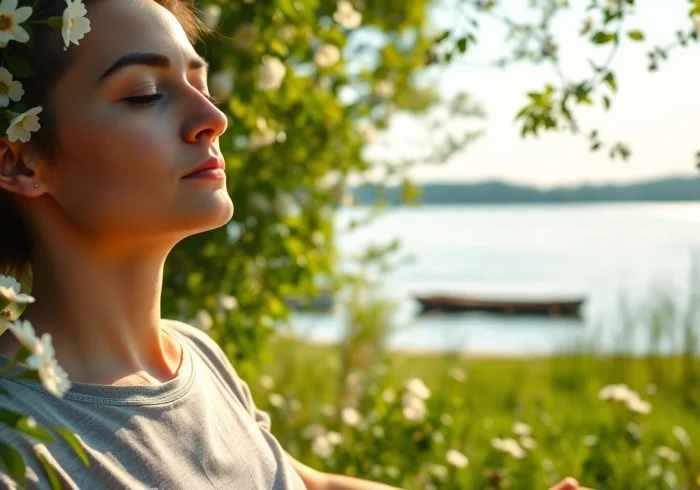 Individual practicing mindfulness while dealing with stress in a peaceful outdoor setting.