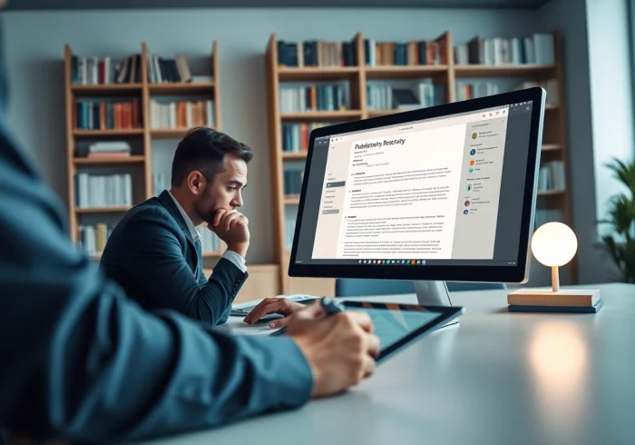 Reviewing a plagiarism detector report on a laptop in a modern workspace filled with books.