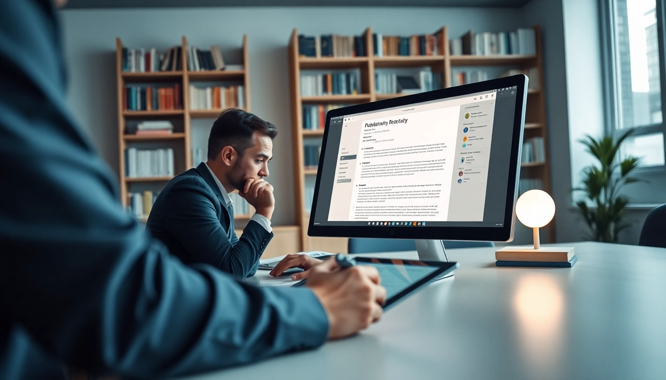 Reviewing a plagiarism detector report on a laptop in a modern workspace filled with books.