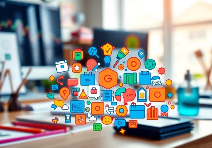 Explore diverse Icons creatively arranged in a professional graphic design setting.