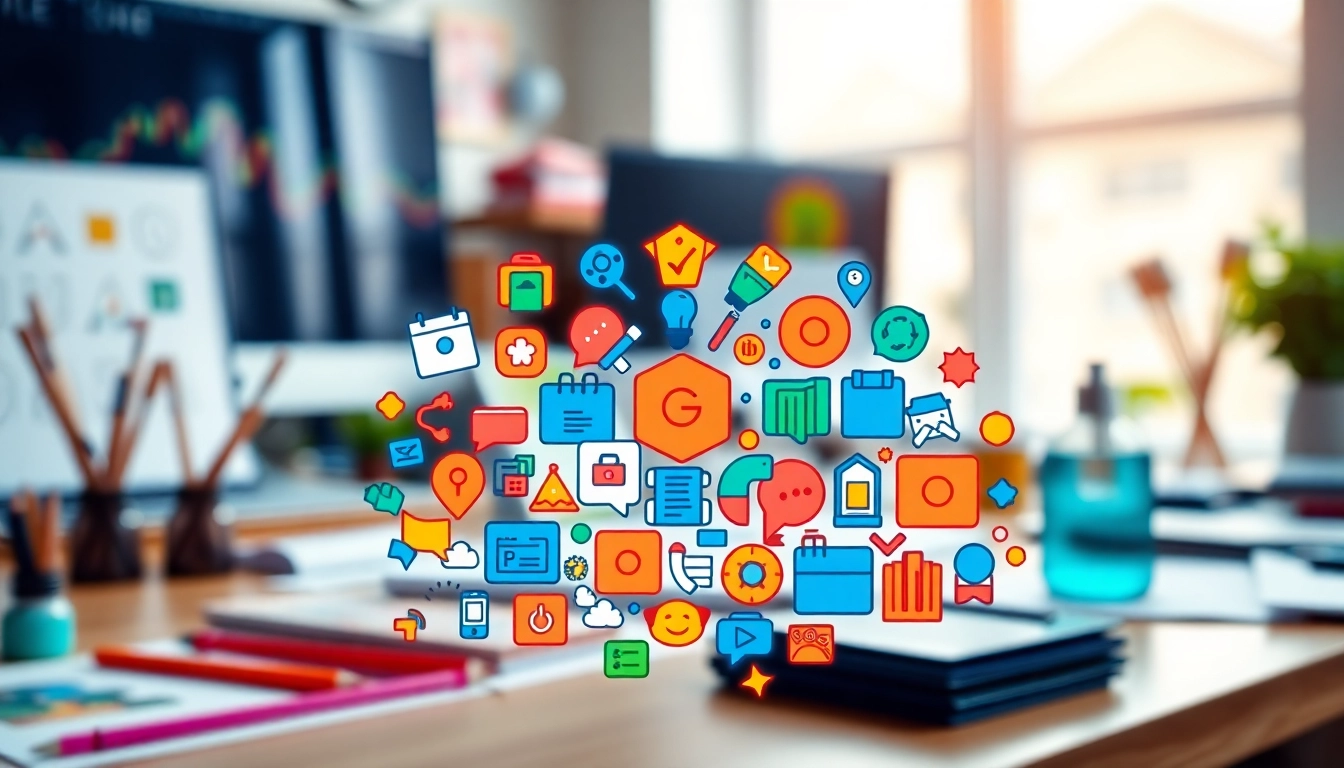 Explore diverse Icons creatively arranged in a professional graphic design setting.
