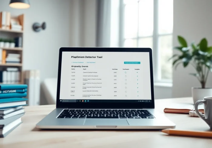 Analyze your documents with a reliable plagiarism detector tool on a laptop in a modern office.