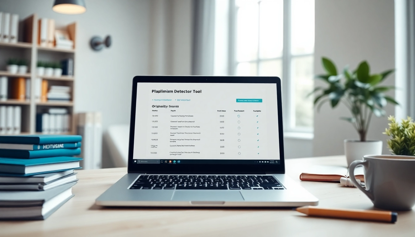 Analyze your documents with a reliable plagiarism detector tool on a laptop in a modern office.