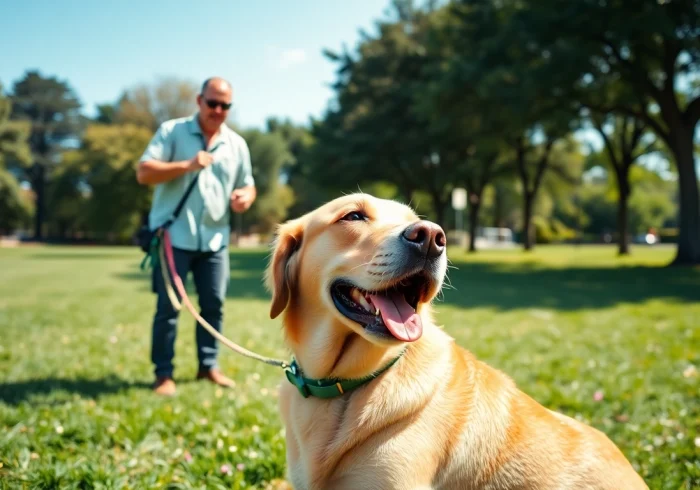 Engaging dog training Irvine session featuring a trainer with a Labrador in a sunny park.