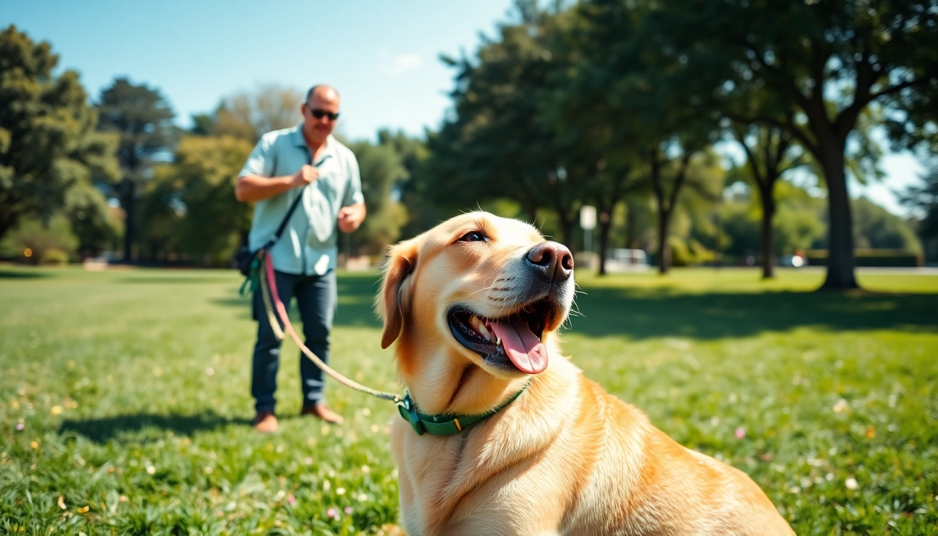 Engaging dog training Irvine session featuring a trainer with a Labrador in a sunny park.