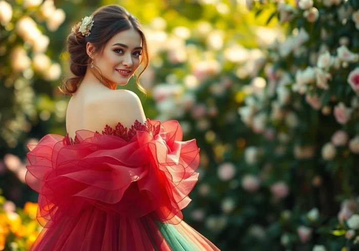 Bridal model showcasing Coloured Wedding Dresses in a romantic garden setting.