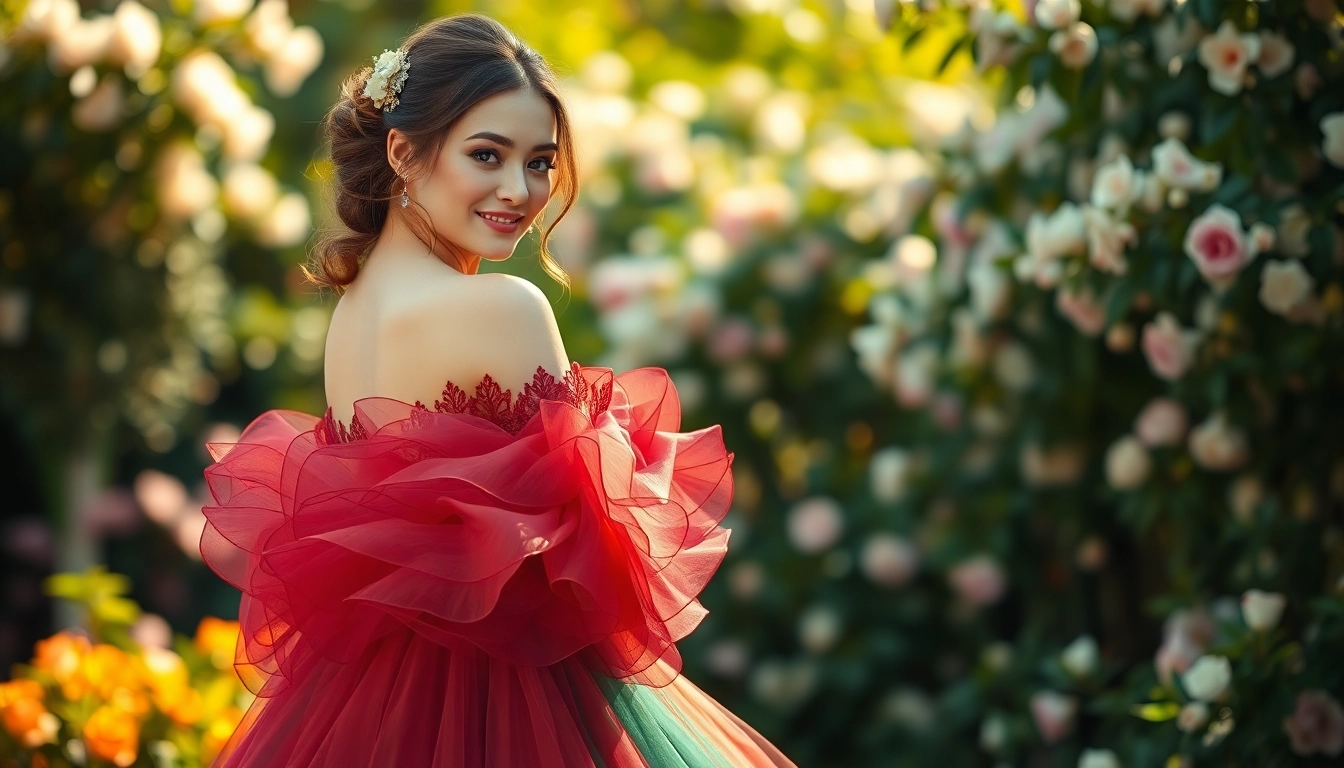 Bridal model showcasing Coloured Wedding Dresses in a romantic garden setting.