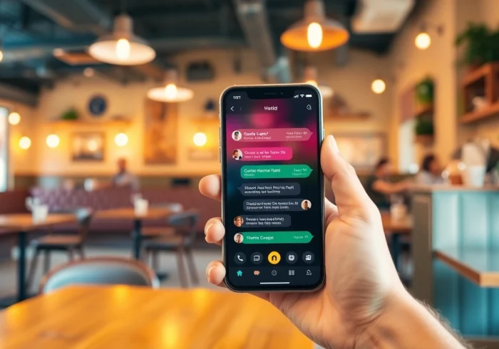 Engage in شات عمان with a colorful chat interface displayed on a smartphone in a cozy setting.