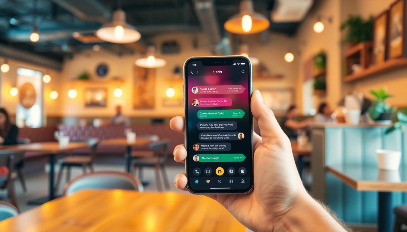 Engage in شات عمان with a colorful chat interface displayed on a smartphone in a cozy setting.