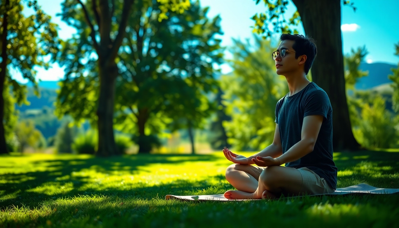 Engage in mindfulness meditation to help with dealing with stress in a tranquil park setting.
