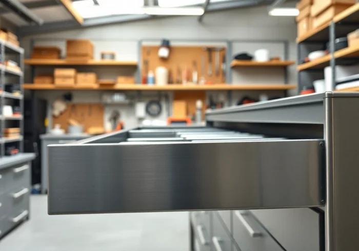 Showcase of a Metal Drawer System highlighting smooth operation and sturdy design in a workshop setting.