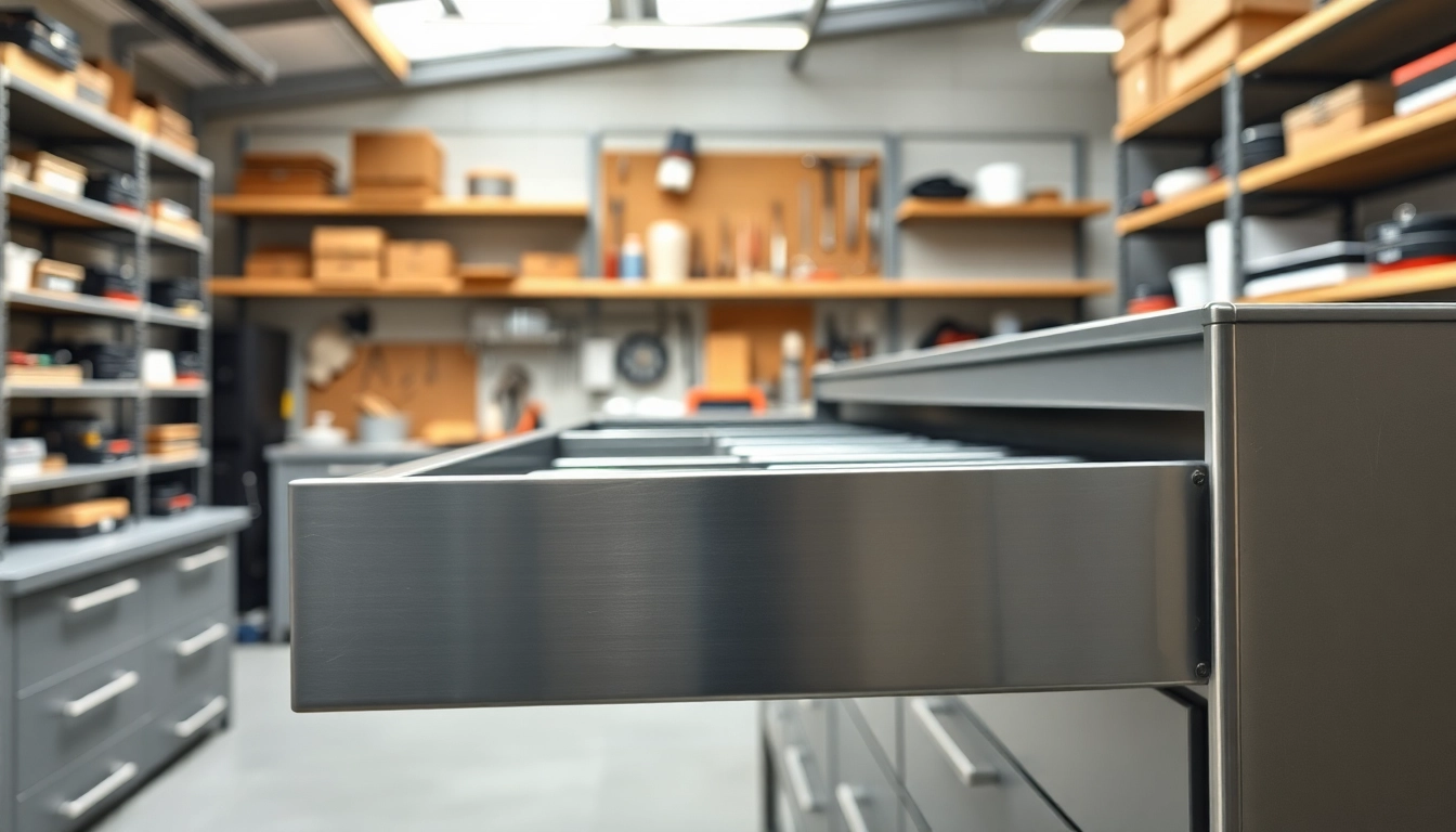 Showcase of a Metal Drawer System highlighting smooth operation and sturdy design in a workshop setting.