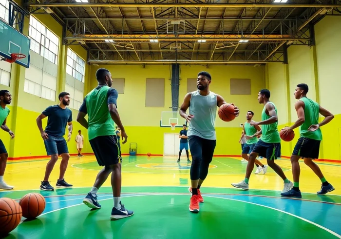 Basketball players training at Takeover Basketball Academy, showcasing teamwork and skill development.