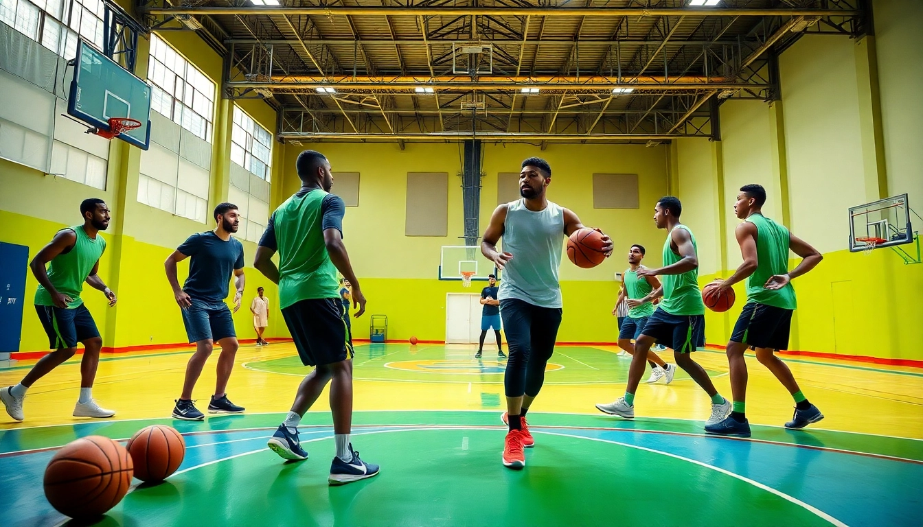 Basketball players training at Takeover Basketball Academy, showcasing teamwork and skill development.