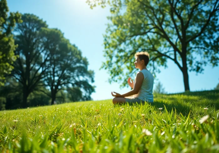 Individual meditating outdoors as a way of dealing with stress amid a calming landscape.