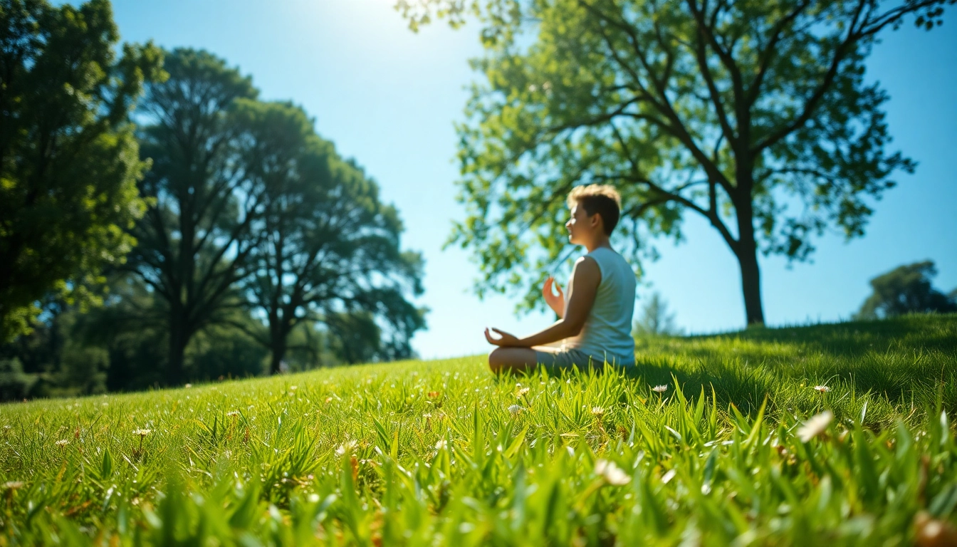 Individual meditating outdoors as a way of dealing with stress amid a calming landscape.