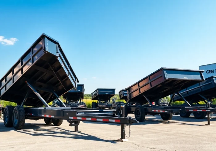 Showcasing hydraulic dump trailers for sale in a construction environment, emphasizing their durability and features.