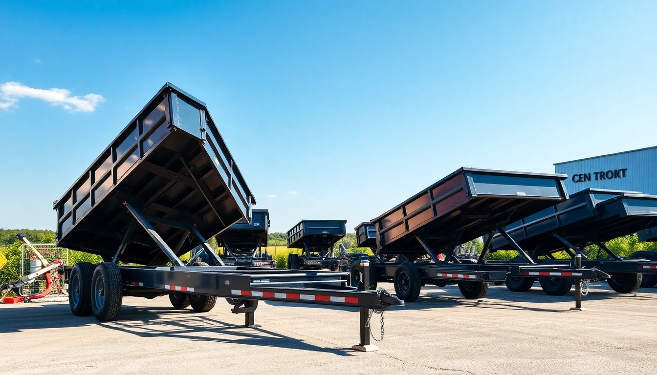 Showcasing hydraulic dump trailers for sale in a construction environment, emphasizing their durability and features.