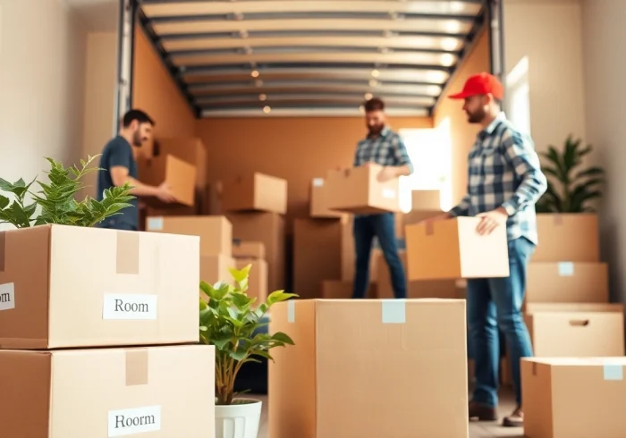 House moves in action as professional movers pack a bright living room.