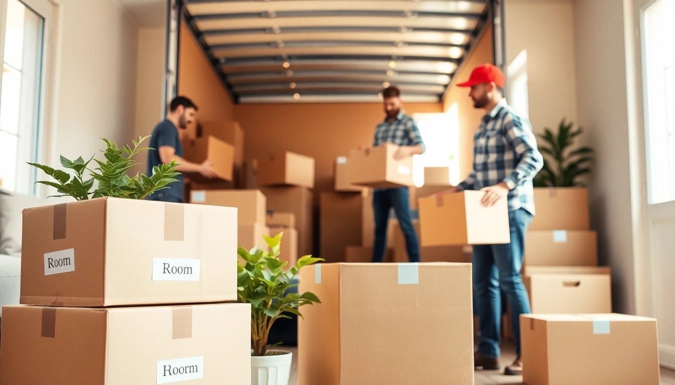House moves in action as professional movers pack a bright living room.