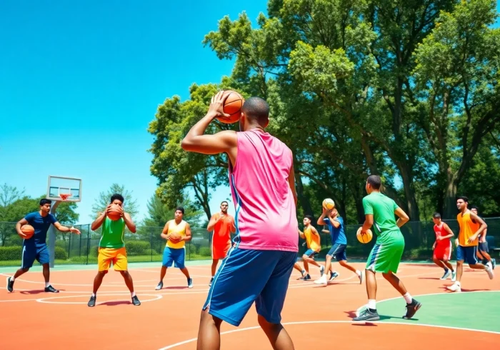 Engaging scene depicting the best basketball training programs in action with diverse players practicing drills outdoors.