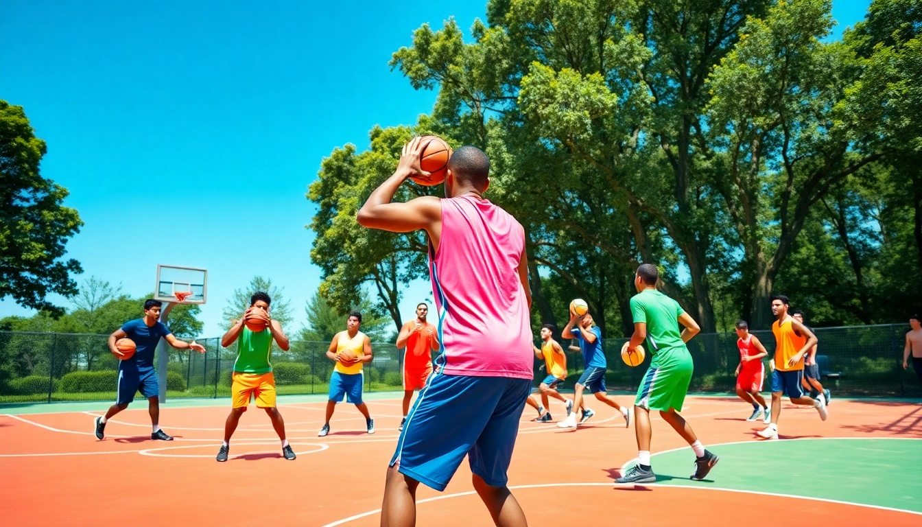 Engaging scene depicting the best basketball training programs in action with diverse players practicing drills outdoors.