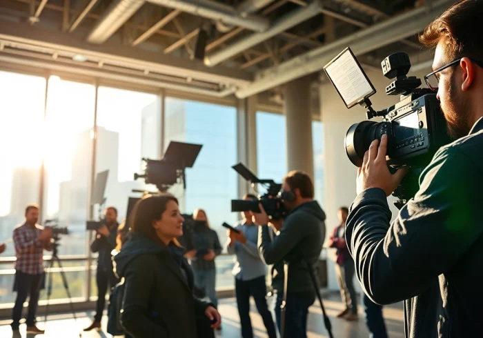 Capture of video production edmonton featuring a crew filming a corporate interview in a vibrant urban setting.