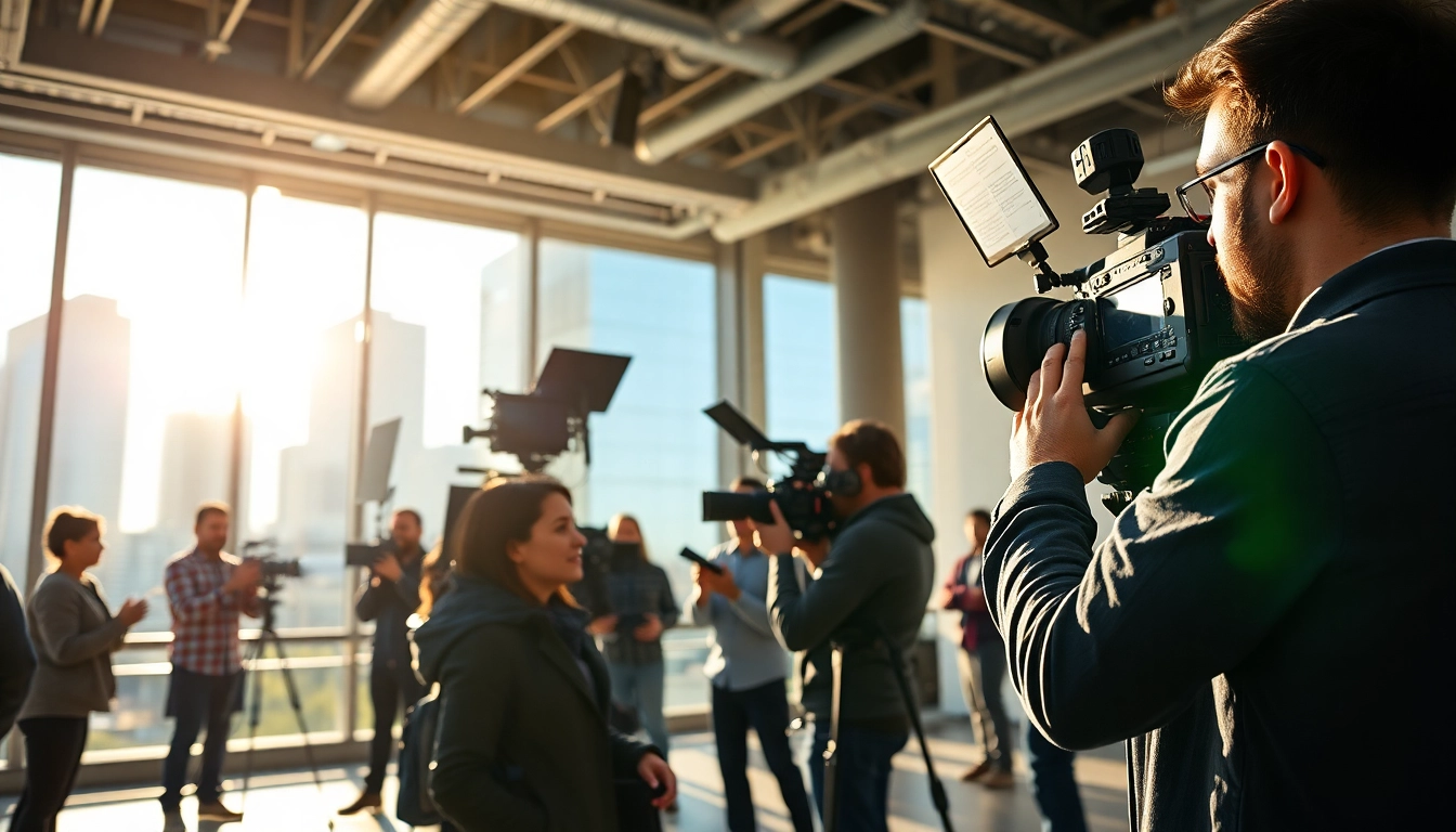 Capture of video production edmonton featuring a crew filming a corporate interview in a vibrant urban setting.