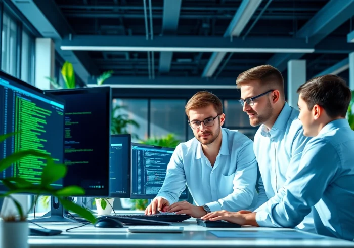 Site reliability engineering experts collaborating in a dynamic office setting.