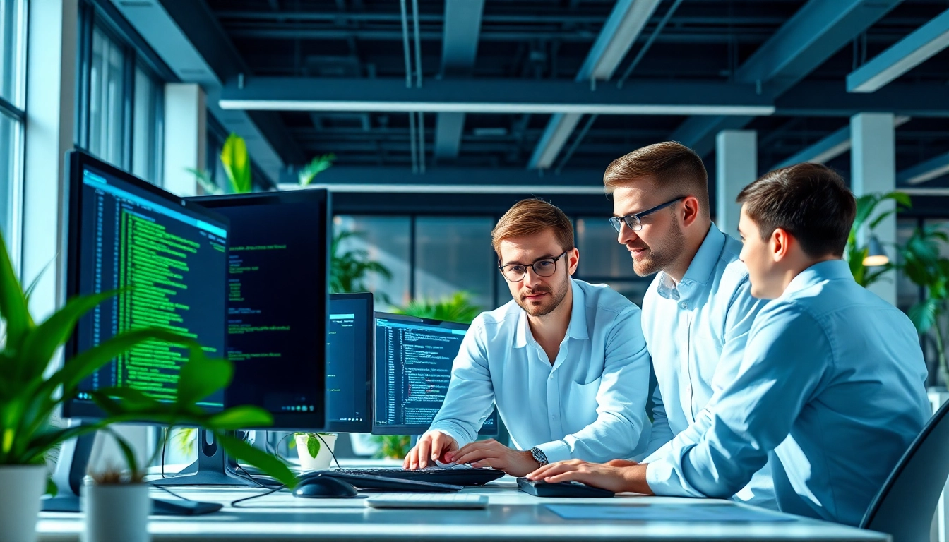 Site reliability engineering experts collaborating in a dynamic office setting.