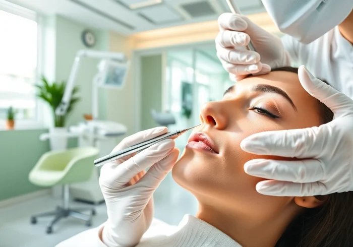 Administering botox a filler treatment by a skilled aesthetician in a serene med spa setting.