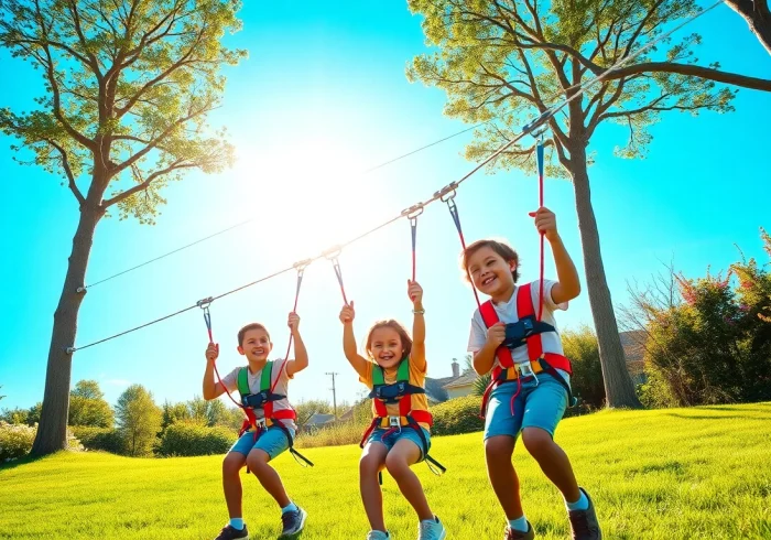 Engaged family using the GARDEN ZIP WIRE KIT, enjoying fun outdoor activities.