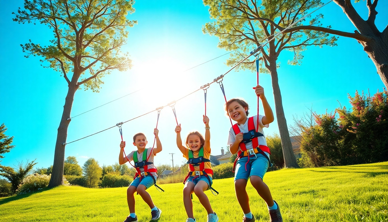 Engaged family using the GARDEN ZIP WIRE KIT, enjoying fun outdoor activities.