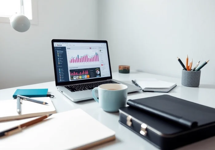Engaging workspace illustrating social media and blog automation processes on a laptop.