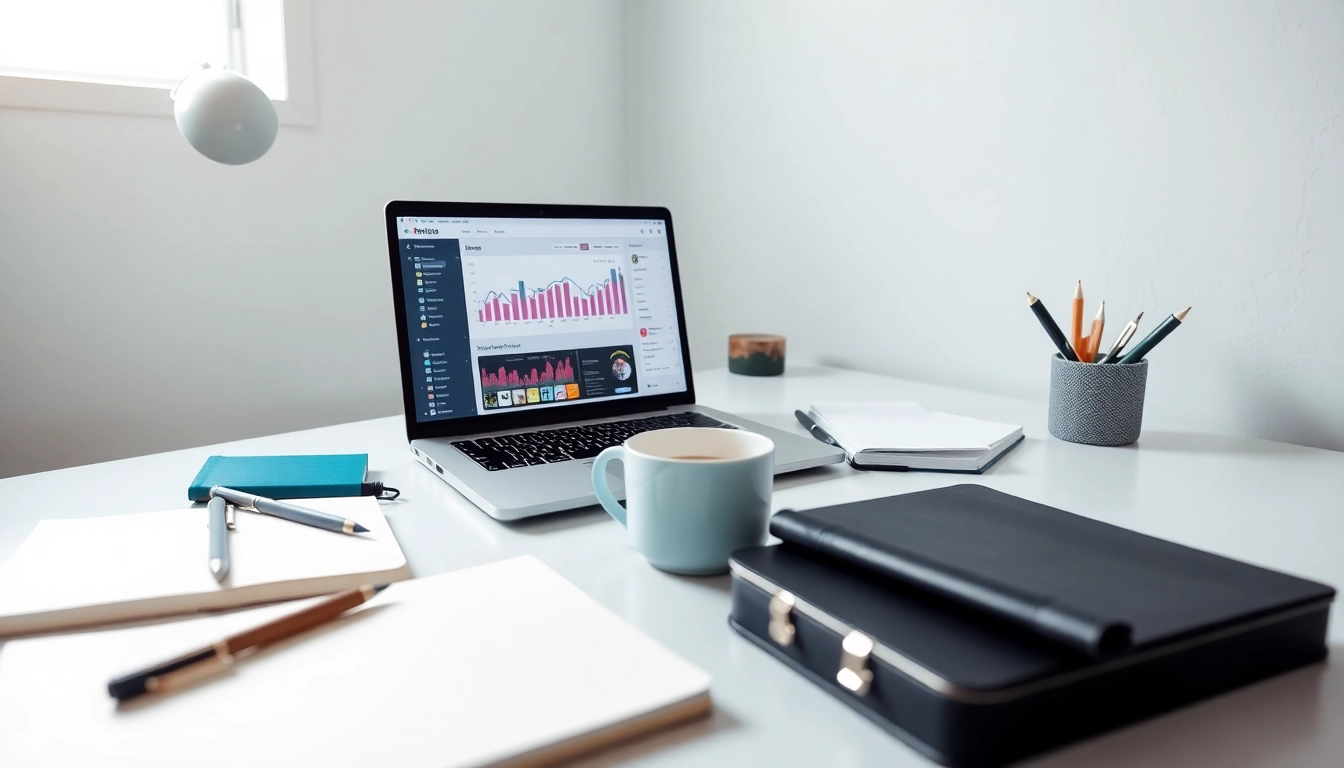 Engaging workspace illustrating social media and blog automation processes on a laptop.