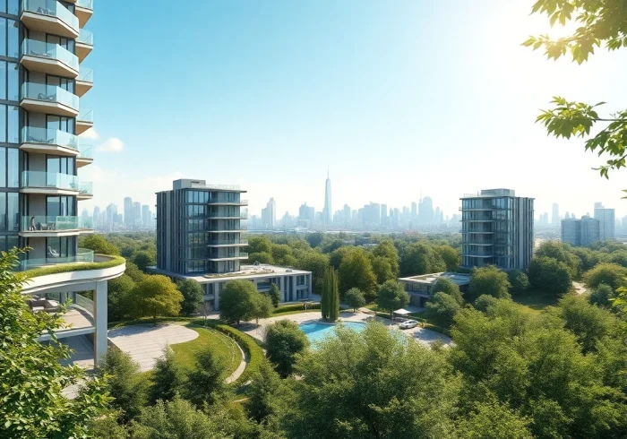 Architekturvisualisierung eines modernen Apartmentkomplexes harmonisch in die Landschaft integriert.