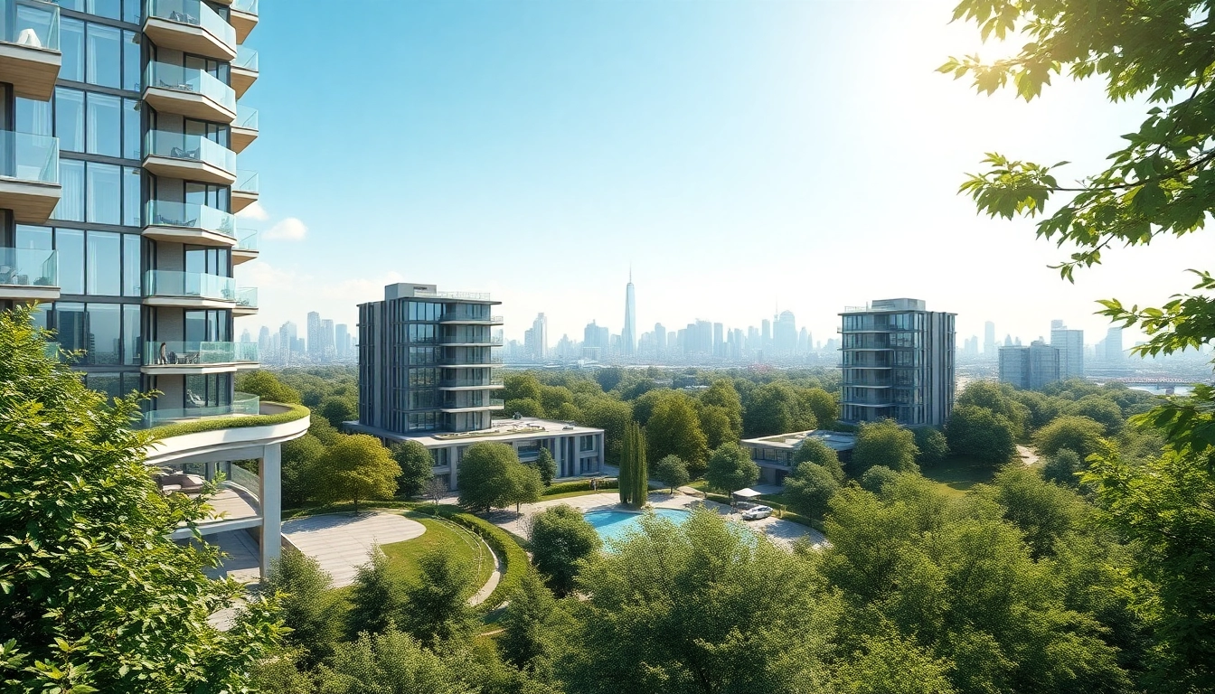 Architekturvisualisierung eines modernen Apartmentkomplexes harmonisch in die Landschaft integriert.