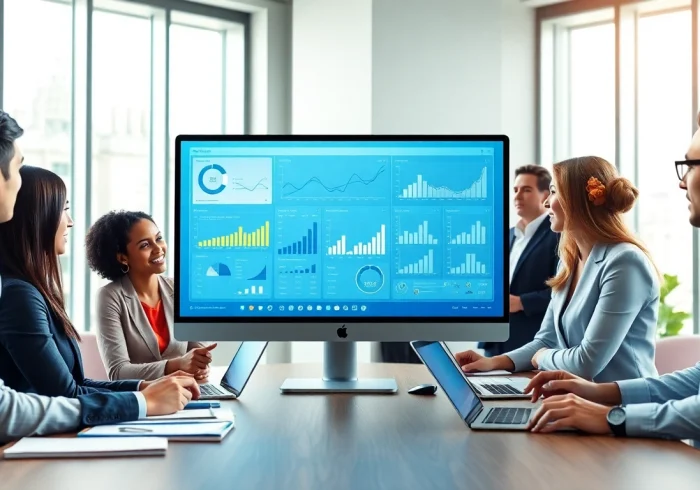 Illustration of AI for competitive intelligence analyzing data in a collaborative office setting.