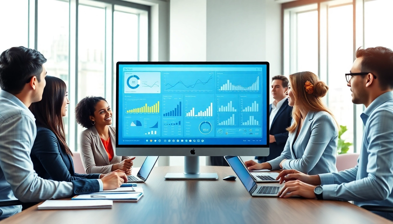 Illustration of AI for competitive intelligence analyzing data in a collaborative office setting.