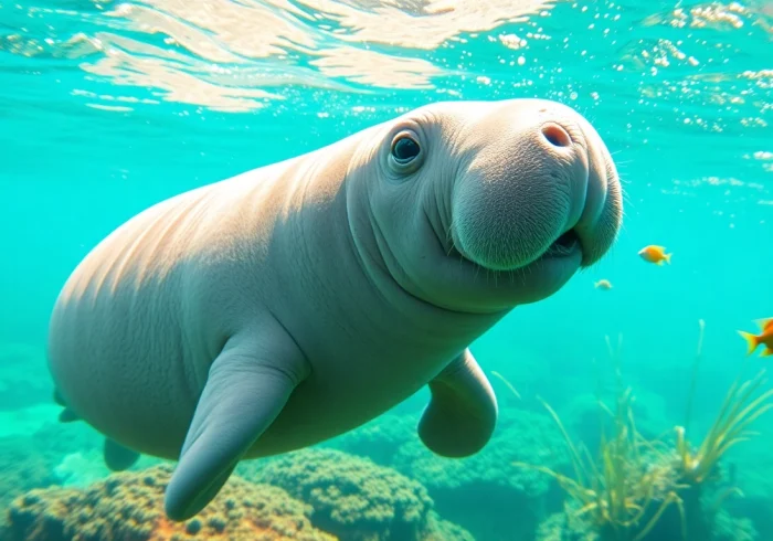 Observe manatees puerto rico swimming gracefully in clear waters among vibrant coral reefs.