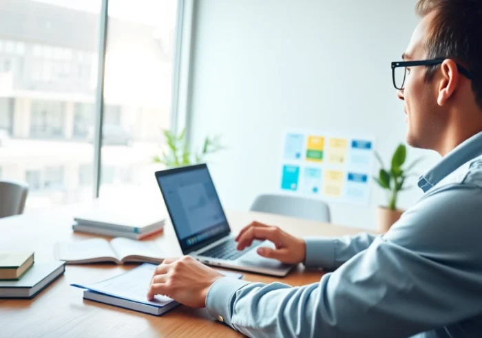 Designing Best funnel templates for coaches in a modern office setting with templates displayed.