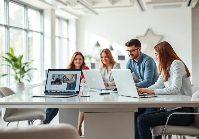 Designers collaborating on edmonton web design project in a bright, modern workspace.